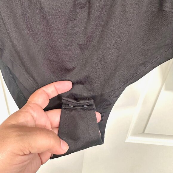 Black Satin Surplice Long Sleeve Bodysuit - 1X - Picture 7 of 11